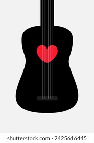 Acoustic guitar. Red heart icon sign symbol. Black silhouette. Music instrument. Love greeting card, banner, invitation template. Happy Valentines Day. Flat design. White background. Isolated. Vector