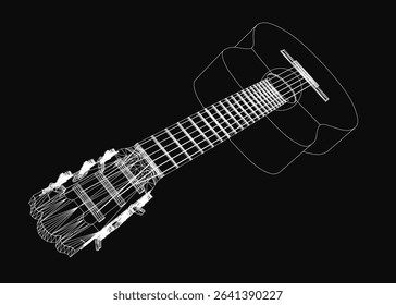 Acoustic guitar rendered in a detailed black and white wireframe style, showcasing realistic contours and strings against a dark background. The minimalist design highlights the instrument's elegant.