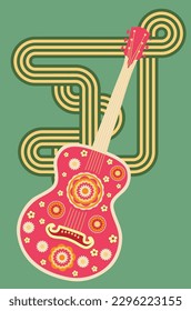 Acoustic guitar in retro style with flowers music illustration.