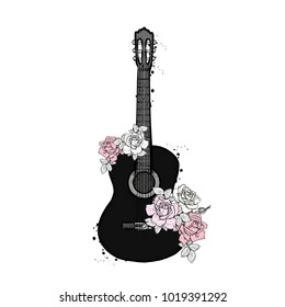 Acoustic guitar and roses. Bouquet of flowers. Vector illustration.