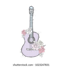 Acoustic guitar and roses. Bouquet of flowers. Vector illustration.
ustration.