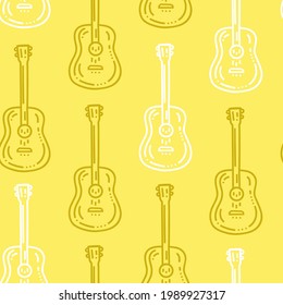 Acoustic guitar seamless pattern on yellow background. Music lover kids design for clothes, room decor, paper, cover, fabrics and more