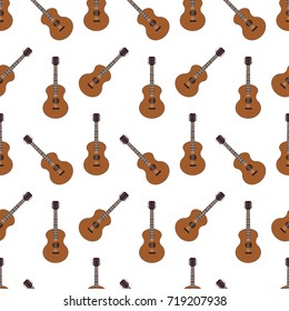 Acoustic guitar seamless pattern on a white background. Vector flat icon of musical instruments isolated on backdrop.