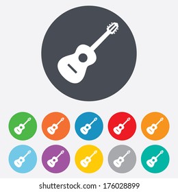 Acoustic guitar sign icon. Music symbol. Round colourful 11 buttons. Vector