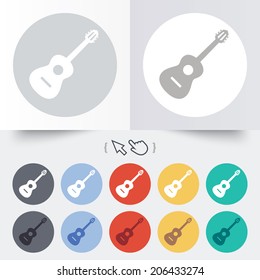 Acoustic guitar sign icon. Music symbol. Round 12 circle buttons. Shadow. Hand cursor pointer. Vector