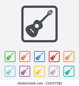 Acoustic guitar sign icon. Music symbol. Round squares buttons with frame. Vector