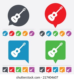 Acoustic guitar sign icon. Music symbol. Speech bubbles information icons. 24 colored buttons. Vector