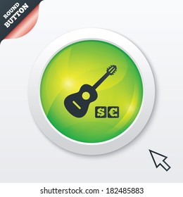Acoustic guitar sign icon. Paid music symbol. Green shiny button. Modern UI website button with mouse cursor pointer. Vector