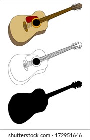 Acoustic guitar, silhouette and outline, vector art image illustration, isolated on white background eps10