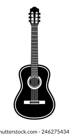 Acoustic guitar silhouette shape, black and white vector illustration of classical stringed musical instrument isolated on white background