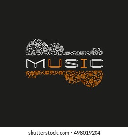 Acoustic guitar silhouette. Vintage music icon.  Design idea of logo in black orange white color. Stylized musical instrument in Swiss international style. Modern Memphis pattern. Vector illustration