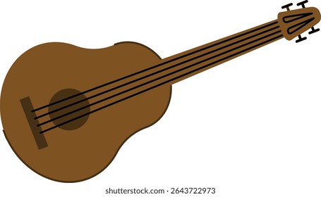 An acoustic guitar with six strings drawn in a flat style. The instrument features a wooden body and detailed tuning pegs. Cartoon vector illustration.