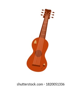 Acoustic guitar. Small wooden ukulele. Acorn and leaf print. Trendy colorful vector isolated illustration in cartoon style. Musical instrument