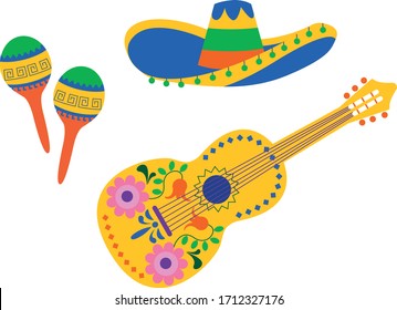 Acoustic guitar, 
sombrero and Maracas with Mexican, Aztec, Maya ornaments isolated on white background.  String musical instrument in flat style. Vector illustration for cinco de mayo. 