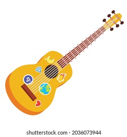 Acoustic guitar with stickers. Hippie guitar