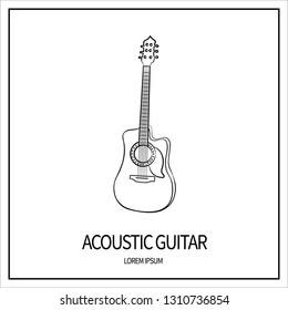 Acoustic guitar, string-plucked instrument. Linear. Icon isolated on a white background. Banner with frame. Vector illustration