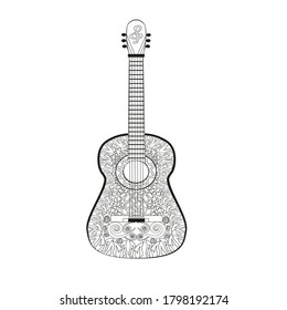 Acoustic guitar in the style of Zentangle. Coloring book for adults and children, design for relaxation and meditation, vector illustration