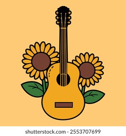 Acoustic guitar with sunflowers vector illustration