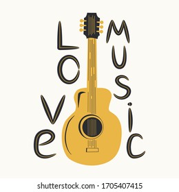 Acoustic guitar surrounded by notes, the inscription Love Music. Country Cowboy Music Festival Creative Event Live Event Poster Concept.