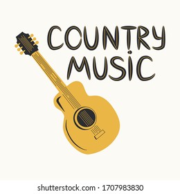 Acoustic guitar surrounded by notes, the inscription Country Music. Country Cowboy Music Festival Creative Event Live Event Poster Concept.