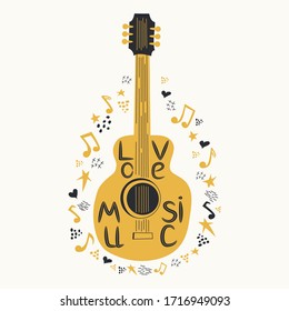 Acoustic guitar surrounded by notes, the inscription Love Music. Country Cowboy Music Festival Creative Event Live Event Poster Concept.