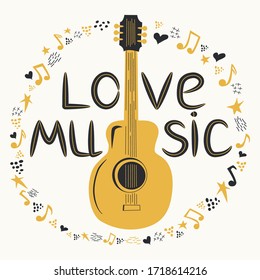 Acoustic guitar surrounded by notes, the inscription Love Music. Country Cowboy Music Festival Creative Event Live Event Poster Concept.