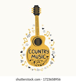 Acoustic guitar surrounded by notes, the inscription Country Music. Country Cowboy Music Festival Creative Event Live Event Poster Concept.