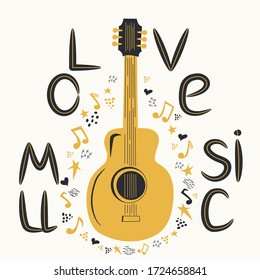 Acoustic guitar surrounded by notes, the inscription Love Music. Country Cowboy Music Festival Creative Event Live Event Poster Concept.