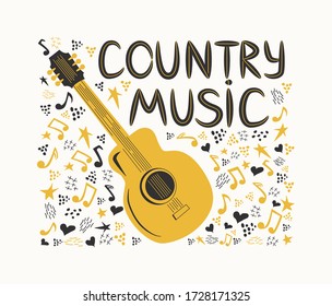 Akustische Gitarre umgeben von Noten, die Inschrift Country Music. Country Cowboy Music Festival Creative Event Live Event Poster Konzept.