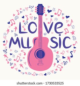 Acoustic guitar surrounded by notes, the inscription Love Music. Country Cowboy Music Festival Creative Event Live Event Poster Concept.