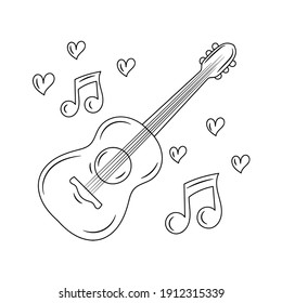 Acoustic guitar Thin line vector illustration. isolated with hand drawn style 