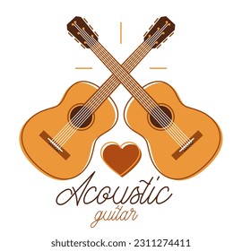 Acoustic guitar vector emblem for festival or concert or player isolated on white, live music theme, logo for musical recording label, instruments shop.