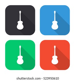 Acoustic guitar vector icon - colored illustration (gray blue green red) with  long shadow
