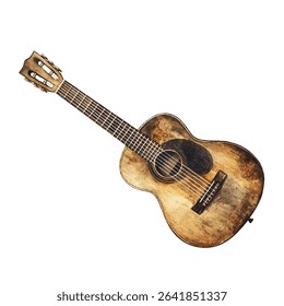 Acoustic guitar vector illustration. Classic string instrument artwork, perfect for music themes, folk concerts and artistic designs. An old wooden guitar isolated on white background.