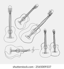 acoustic guitar vector illustration set with continuous line art style