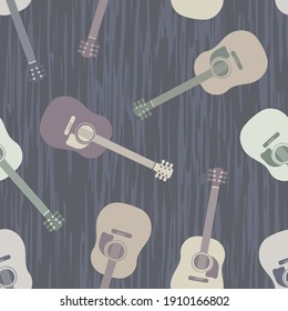 Acoustic guitar vector seamless pattern background. Brown musical string instruments on wood effect backdrop. Neutral color monochrome design. Hipster repeat for music lesson or festival concept