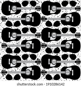 Vector de guitarra acústica de fondo sin fisuras. Instrumento de cuerda musical en blanco y negro con lentes de sol sobre fondo de textura gruesa. Repetición geométrica monocromática para el concepto de hipster o festival
