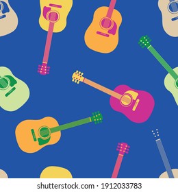 Acoustic guitar vector seamless pattern background. Vibrant tropical color musical string instrument backdrop. Orange, pink, blue scattered icons design.Repeat for beach party, music festival concept