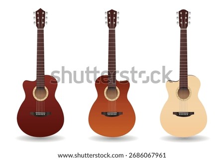 Acoustic guitar, vector set.  Vector 3d Realistic Classic Acoustic Sunbird, Brown Wooden Guitar Icon. Guitars vector, isolated on white background. Acoustic guitar for music concept design.