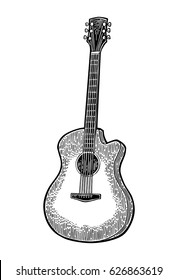 Acoustic guitar. Vintage vector black engraving illustration for poster, web. Isolated on white background.