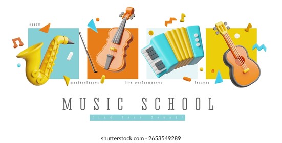 Acoustic guitar, violin, accordion and saxophone 3D plastic style. Realistic music instruments vector render advertising banner design. Masterclasses, live performance, lessons