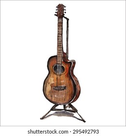 Acoustic guitar. Watercolor and pen. Isolated on a white background