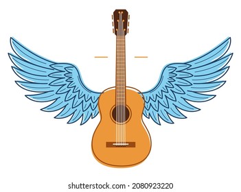 Acoustic guitar with wings vector emblem for festival or concert or player isolated on white, live music theme, logo for musical recording label, instruments shop.