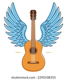 Acoustic guitar with wings vector emblem for festival or concert or player isolated on white, live music theme, logo for musical recording label, instruments shop.