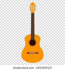 Acoustic guitar with a yellow body and a brown neck, dreadnought with rounded edges, flat design, simple image, cartoon style. Music group concept. Vector line icon for business and advertising