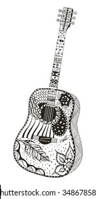 Acoustic guitar. Zentangle stylized. Pattern. Vector illustration . Freehand pencil. Hand drawn.