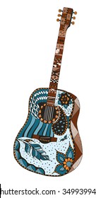 Acoustic guitar. Zentangle stylized. Pattern. Vector illustration . Freehand pencil. Hand drawn. Color.