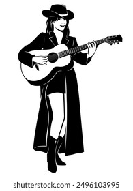 Guitarrista Acústica Chica en Capa y Sombrero de Vaquero. Clipart de Vector blanco y negro aislado en blanco.