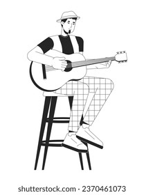 Acoustic guitarist plucking strings black and white cartoon flat illustration. Caucasian man sitting on bar stool 2D lineart character isolated. Music festival monochrome scene vector outline image