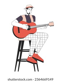 Acoustic guitarist plucking strings line cartoon flat illustration. Caucasian adult man sitting on bar stool 2D lineart character isolated on white background. Music festival scene vector color image